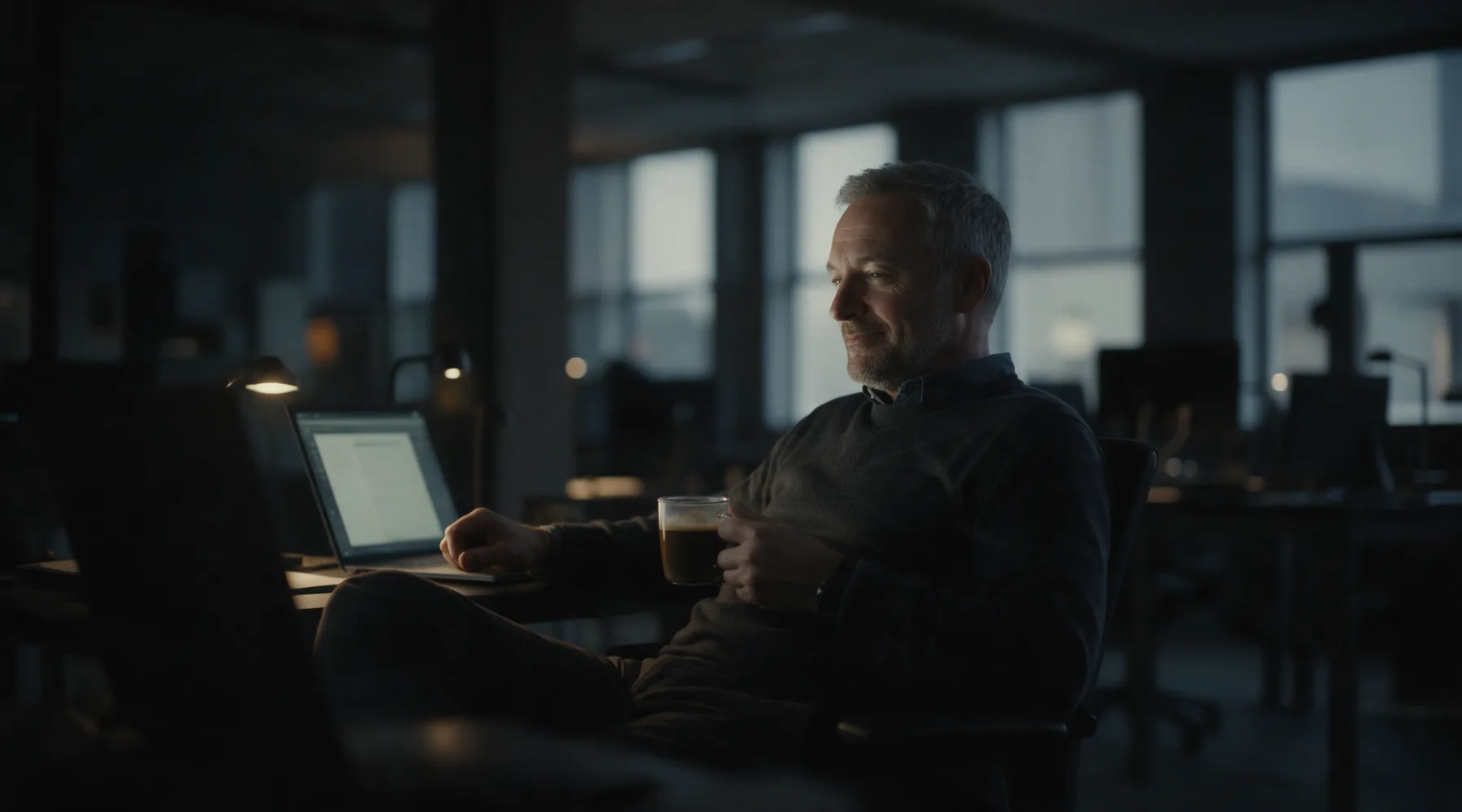 A security lead sits back with a coffee while the program runs